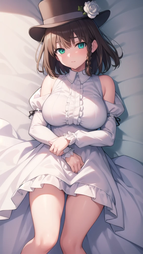 charlotte cody, Charlotte Corday, Braid, brown hair, (green eyes:1.5), short hair, side Braid, break hat, hat flower, juliet sleeves, long sleeve, plump sleeves, (white dress:1.5), frills, top hat, black top hat,
break looking at viewer,
break indoors,
break (masterpiece:1.2), highest quality, High resolution, unity 8k wallpaper, (figure:0.8), (detailed and beautiful eyes:1.6), highly detailed face, perfect lighting, Very detailed CG, (perfect hands, perfect anatomy), huge sexy pussy, sexy legs:2.0, nude, Not worn, not wearing anything, White sheer stockings, hug your legs, hug your legs, leg hug, スクワット付きleg hug, sex pose, lying down for dick, lying down with leg hug, Her breasts and pussy look so sexy