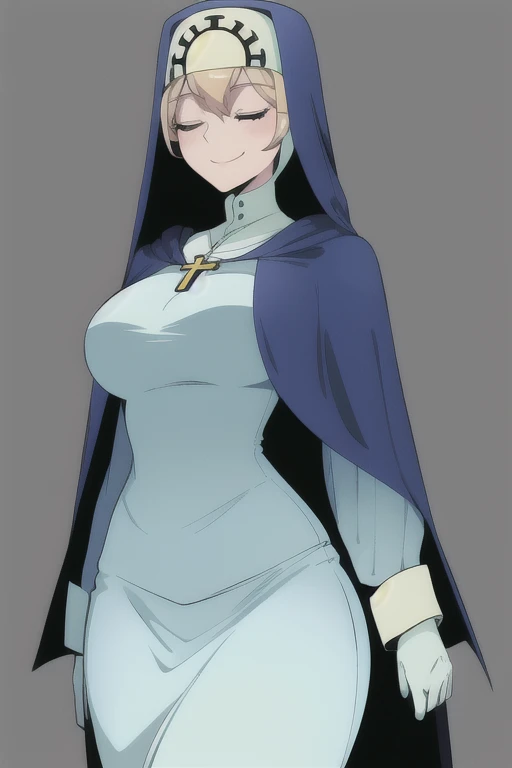 Double, short blonde hair, medium breasts, solo, smiling, cowboy shot, closed eyes,
blue habit, cross necklace ,long sleeves, cape, cloak, robe, white gloves, long skirt, nun,
(insanely detailed, beautiful detailed face,beautiful detailed eyes, masterpiece, best quality)