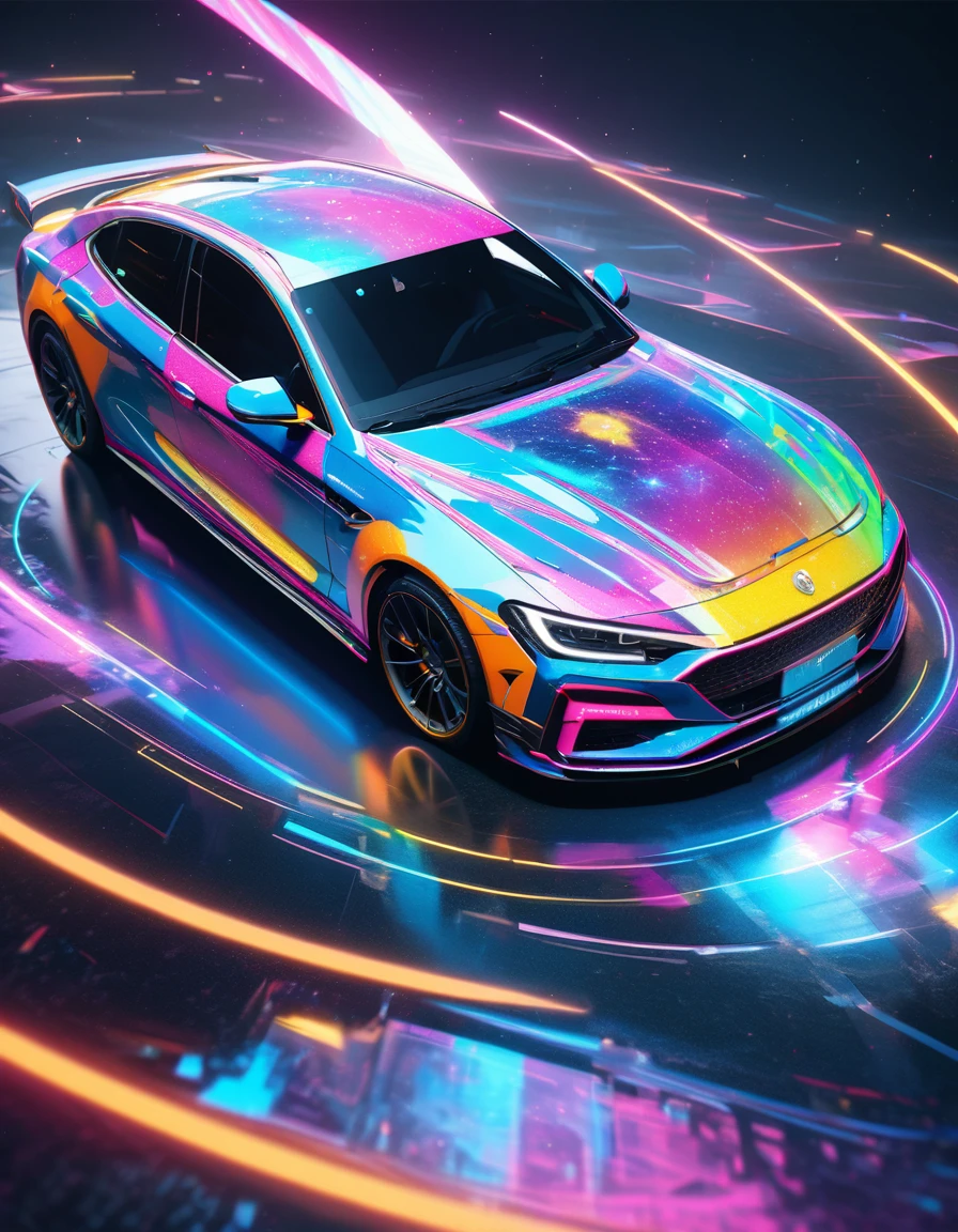 holography, draw in neon colors ((car)): car: ((floating)), transparent, Three dimensions, light, sf, digital art, Digital, scientific, dark background: electronic circuit: draw in neon colors, 3d, masterpiece, Digital space, energy, beautiful, masterpiece, 8K, light, be familiar with, lively, colorful, nice, beautiful, rich colors, beautiful Light Lines. magic effect, Sparkling, beautiful Light Grains