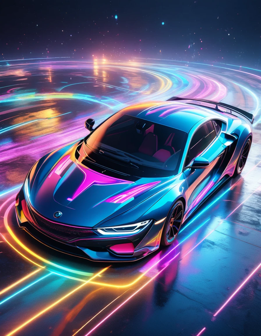 holography, draw in neon colors ((car)): car: ((floating)), transparent, Three dimensions, light, sf, digital art, Digital, scientific, dark background: electronic circuit: draw in neon colors, 3d, masterpiece, Digital space, energy, beautiful, masterpiece, 8K, light, be familiar with, lively, colorful, nice, beautiful, rich colors, beautiful Light Lines. magic effect, Sparkling, beautiful Light Grains