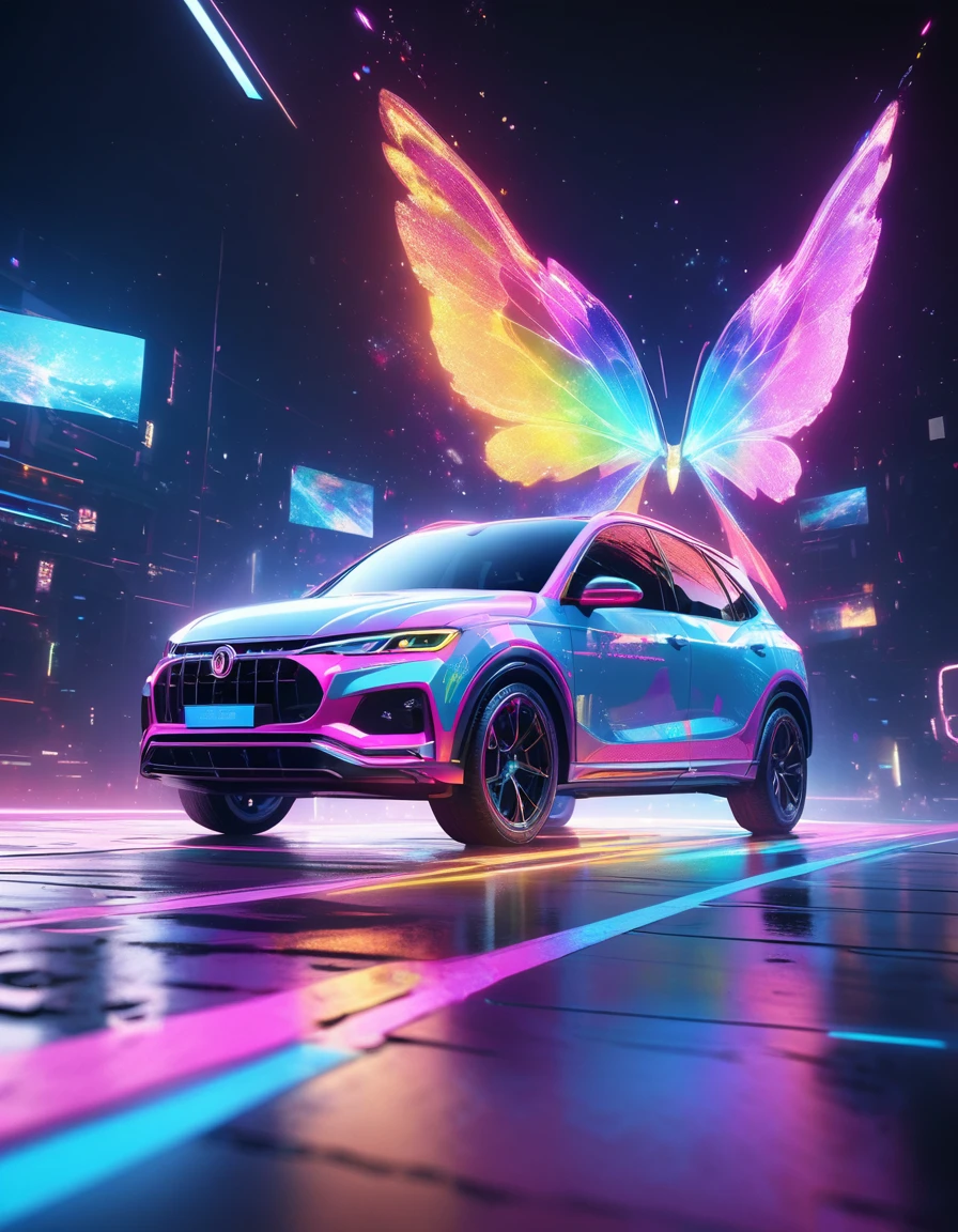 holography, draw in neon colors ((car)): car: ((floating)), transparent, Three dimensions, light, sf, digital art, Digital, scientific, dark background: electronic circuit: draw in neon colors, 3d, masterpiece, Digital space, energy, beautiful, masterpiece, 8K, light, be familiar with, lively, colorful, nice, beautiful, rich colors, beautiful Light Lines. magic effect, Sparkling, beautiful Light Grains