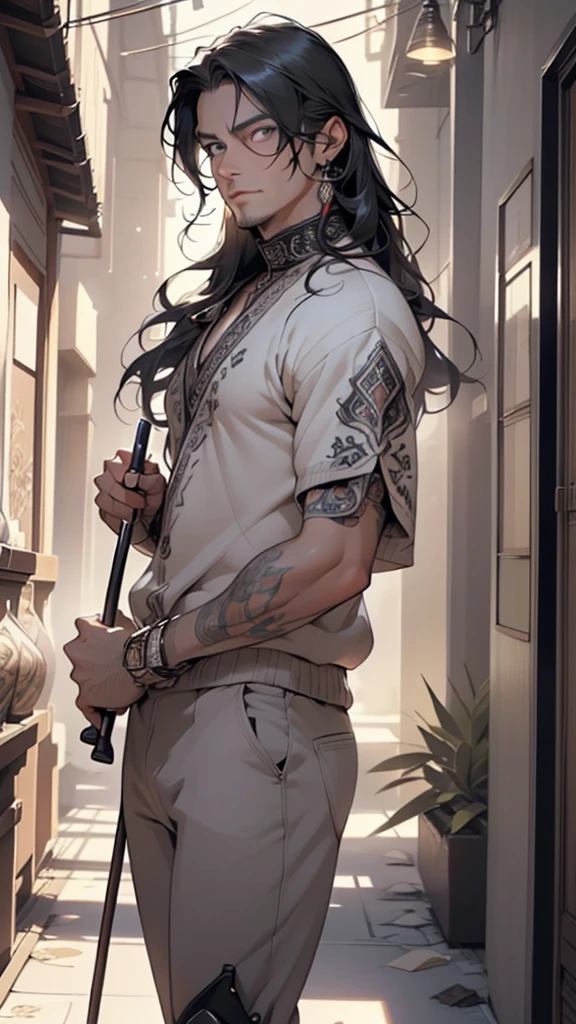 (male:1.5), muscle, 1boy, big muscle, pectoral,  muscular, Mature man,45 year old man,adult,1 man, old macho man,an extremely detailed face, ((black_eyes:1.3))),intricate eyes,beautiful detailed eyes,symmetrical eyes,modern very long hair,(((black very long hair))), large hair,perfect face, nice hair style,manly, very manly man((detailed face)), 

smile,   

(ultra-detailed:1.3), beautiful detailed glow, finely detailed,ultra-detailed, 

((((man with crutches,cripple,elegant,elegant crutches,arabian crutches,crippled,lame,invalid man,walk with crutches,walk with cane,arabic stick)))),

(sweater, arabian fashion,arabian gray sweater,gray sweater, jeans,white shirt,  masculine features, modern style,arabian clothes),(((arabian sweater, arabian gray sweater outfit, wearing a arabian gray sweater:1.3,arabian arabian gray sweater))),(arabian jewelry,intricate necklace),((bulge in pants)),(((intricate outfit,intricate clothes,ornate outfit))),

(dynamic pose:1.0),embarrassed,(centered,scale to fit dimensions,Rule of thirds,cowboy shot),

indoors,(huge columns of an Arab palace,arab palace,arab palace background),scenery,extremely scenery,arab style,

(Glossy winter ornaments),highres,sharp focus,(ultra detailed,extremely detailed),(photorealistic artwork:1.37),(extremely detailed CG unity 8k wallpaper),(((vibrant colors,vibrant theme))),(intricate),(masterpiece),(best quality),artistic photography,(photography taken by sldr),(intricate background),perfect rendered face,perfect face details,realistic face,photo realistic,((intricate detail)),(((realism))),
