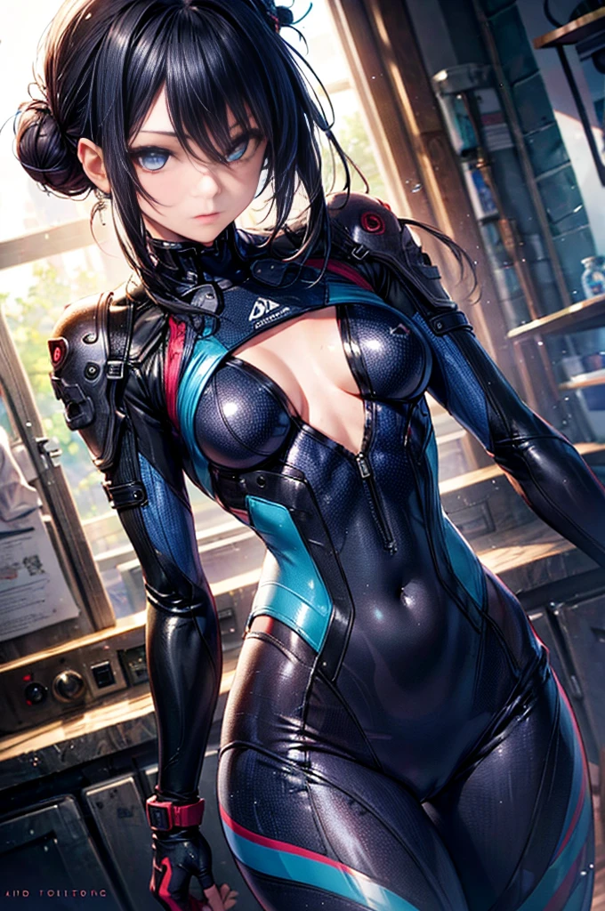 Best image quality,Realistic and detailed image of a girl. Black hair bun. Blue eyes.Half an eye , Long eyelashes. She has small breasts, Slim waist, Wide Hips,Slender. Sleepy look, Rider Suit