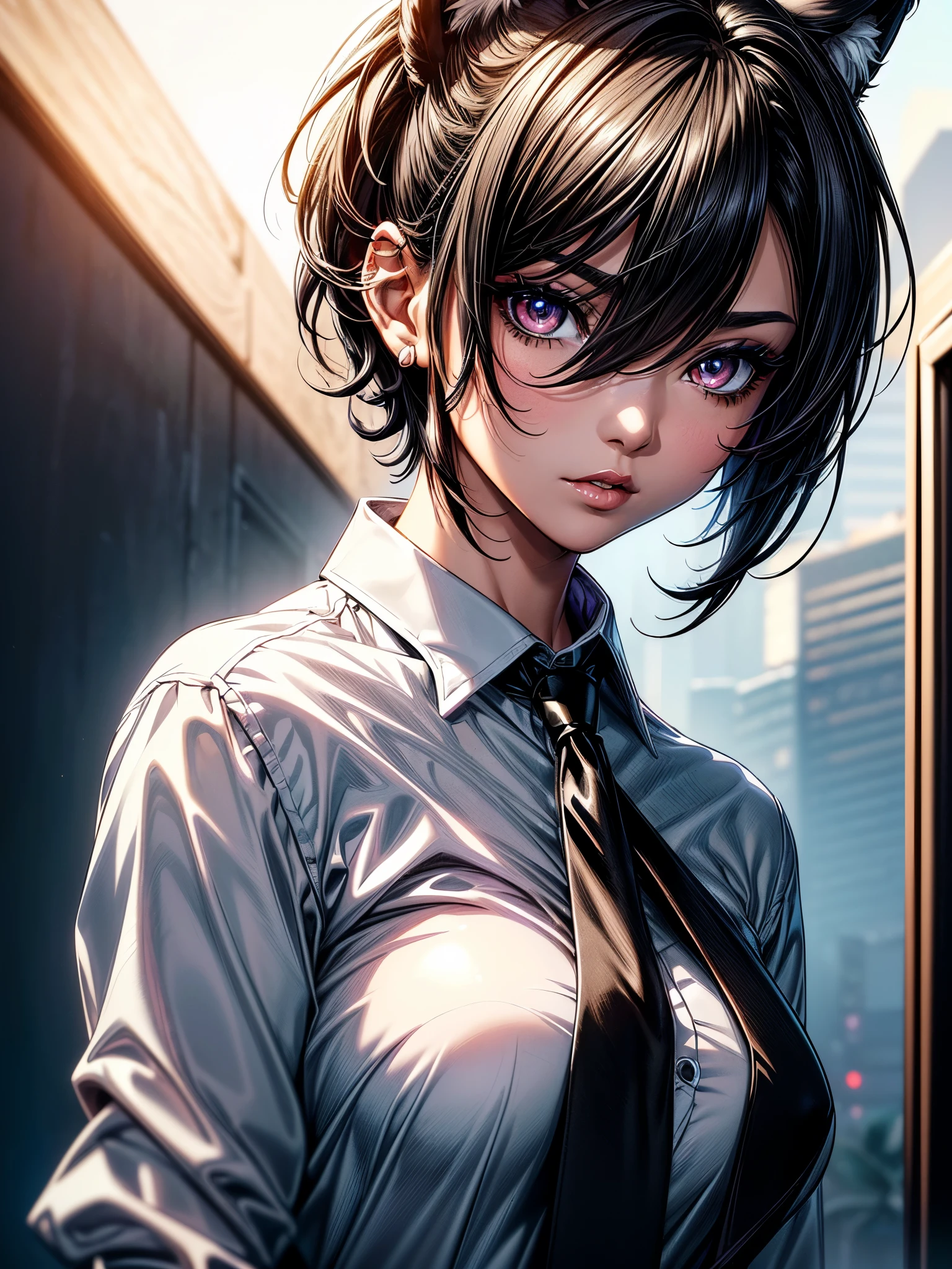 (masterpiece)(8k)(cute)(25-year old woman)(1girl:1.5)(solo:1.8)(wild hair:1.3)(short hair:1.3)(black brown hair)(shiny hair:1.2)(hair over one eye:1.5)(hairbun:1.2)(medium sized breasts:1.5)(black pupils:1.4)(glossy skin:1.4)(glossy lips)(dark, glossy eye-shadow:1.6)(dark eyelashes:1.4)(white office shirt:1.6)(long black necktie:1.4)(piercing:1.2)(seductive pose:1.3)(wolf:1.5) rossdraws pastel vibrant, rossdraws cartoon vibrant, style anime 8k, beautiful portrait, artgerm colorful!!!, ! dream artgerm, beautiful anime girl, styled digital art, art wallpaper 8k, digital art, extremely detailed artgerm,