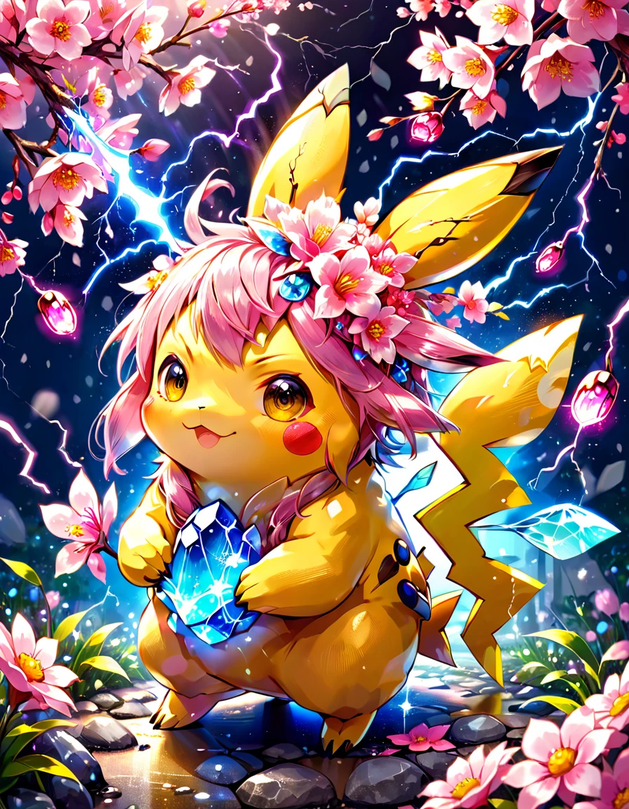 absurdres, highres, ultra detailed, HDR, master piece, Pikachu, Pokemon, extremely cute, best quality, blossoms, pink petals, pink flowers, fantasy, magical, solo, yellow lightning, blue shining fireflies