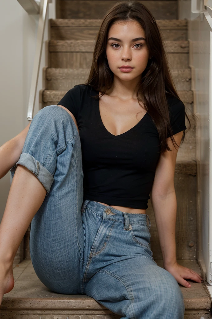 generate me a hyper-realistic image of an 18 year old girl of European and American descent with perfect, well lined eyes and brown eyes, with brown hair, beautiful delicate lips and a thin, upturned nose, straight hair, a height of one meter and 60 centimeters, bust size L, beautiful exercised legs and she is sitting on the stairs in front of her 4 story house and is wearing a full length blue jean pant that covers all her legs attached with a black polo shirt with no design and a V-neck.