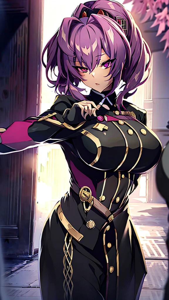 Anime, 1 girl, huge hairstyle, Keppel colored hair, magenta eyes, serious face, busty, big And round buson, gorgeous plump body, Black military's uniform, Holding a weapon, Very large hair, pointing finger to the viewer