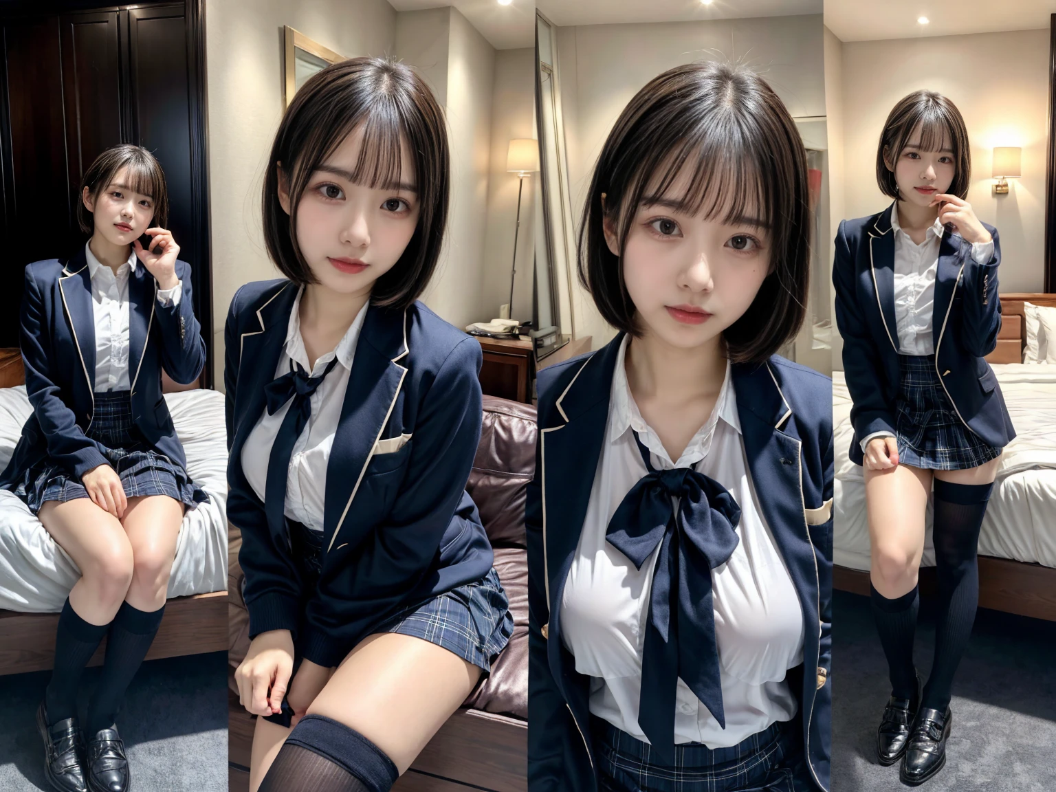 (8K, RAW Photos, Highest quality, masterpiece:1.2), masterpiece, super detailed, super high quality, (Realistic and photorealistic photography:1. 37), High-resolution RAW color photos, Very delicate and beautiful, highly detailed, 8k wallpaper, wonderful, detailed, Very eye, very detailed, very detailed skin, very thin fingers, very detailed nose, very detailed mouth, Perfect Anatomy, BREAK, (2 girls, japanesgirls:1.2), Colossal tits, (short bob hair:1.1), black hair color, huge breasts, very huge round breasts, Beautiful makeup, glitter makeup, Big Natural Color Lip, perfect body shape, crying a little, beautiful legs, beautiful legs, Voluptuous thighs, BREAK, High school girl uniform, blazer, Super Short Check Uniform Skirt, Navy blue high socks, BREAK, The background is a luxury hotel room
