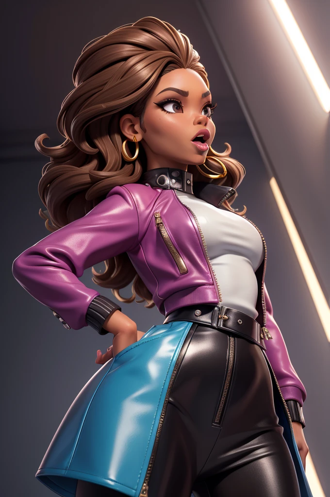 obra prima, melhor qualidade, ((only one woman,)) ((sunny hostin, dark skin, permed light brown hair,)) head back, (frown, sassy wicked sultry sneer, open mouth, pucker mouth,) sunglasses, thick smoky black eye shadow, long fake eyelashes, sticking tongue out, ((magenta leather jacket with puff shoulder,)) biker jacket has stiff collar, leather blouse, ((gold silver leather sweater dress, metallic leather sun dress, leather culottes,)) periwinkle blazer length leather coat, ((cerulean blue pvc skirt, pockets, zipper side,)) studs zippers snaps, shiny leather gloves, nip slip, body is skinny, shiny tight buttocks, arched back, camera view of whole body, looking up at me, shallow depth of field, highres, HD, 8k, anatomically correct