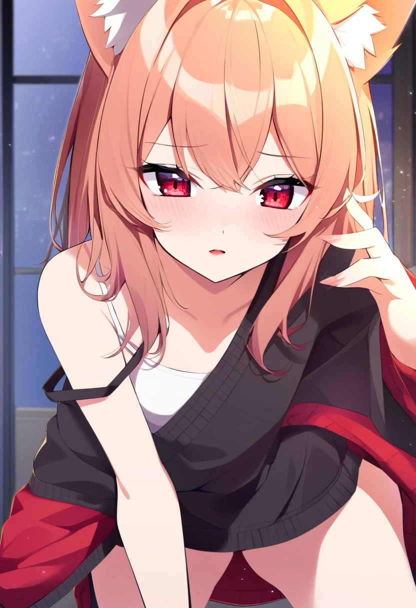 one girl, wolf ears, shy, naive, cute, girl is falling in loye with me, stare at me, beautiful red eyes, energetic girl, my student, cool beauty, girl want me to kiss her, off shoulder