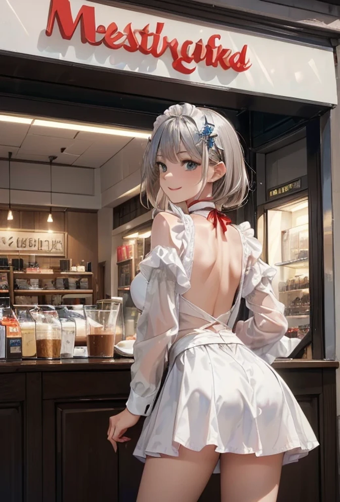 (Photorealistic:1.8, Highest quality:1.8,8K masterpiece:1.8,High resolution,Mastepiece:1.8,RAW Photos,Cinematic lighting)、Detailed Background、((Flat Color))、((colorful))、morning、maid Cafe、Window light、（Back view of a female store clerk holding a coffee cup)、TWICE&#39;s Tzuyu&#39; on pause、
（choker、Black maid outfit、hair ornaments、Black Mini Skirt、Glasses)、(Beautiful thighs、Beautiful hips）、（smile、A rich expression）、(Medium Hair、Beautiful, shining red, white, brown and silver hair:1.5)、Sparkling Blue Eyes、Random Pause