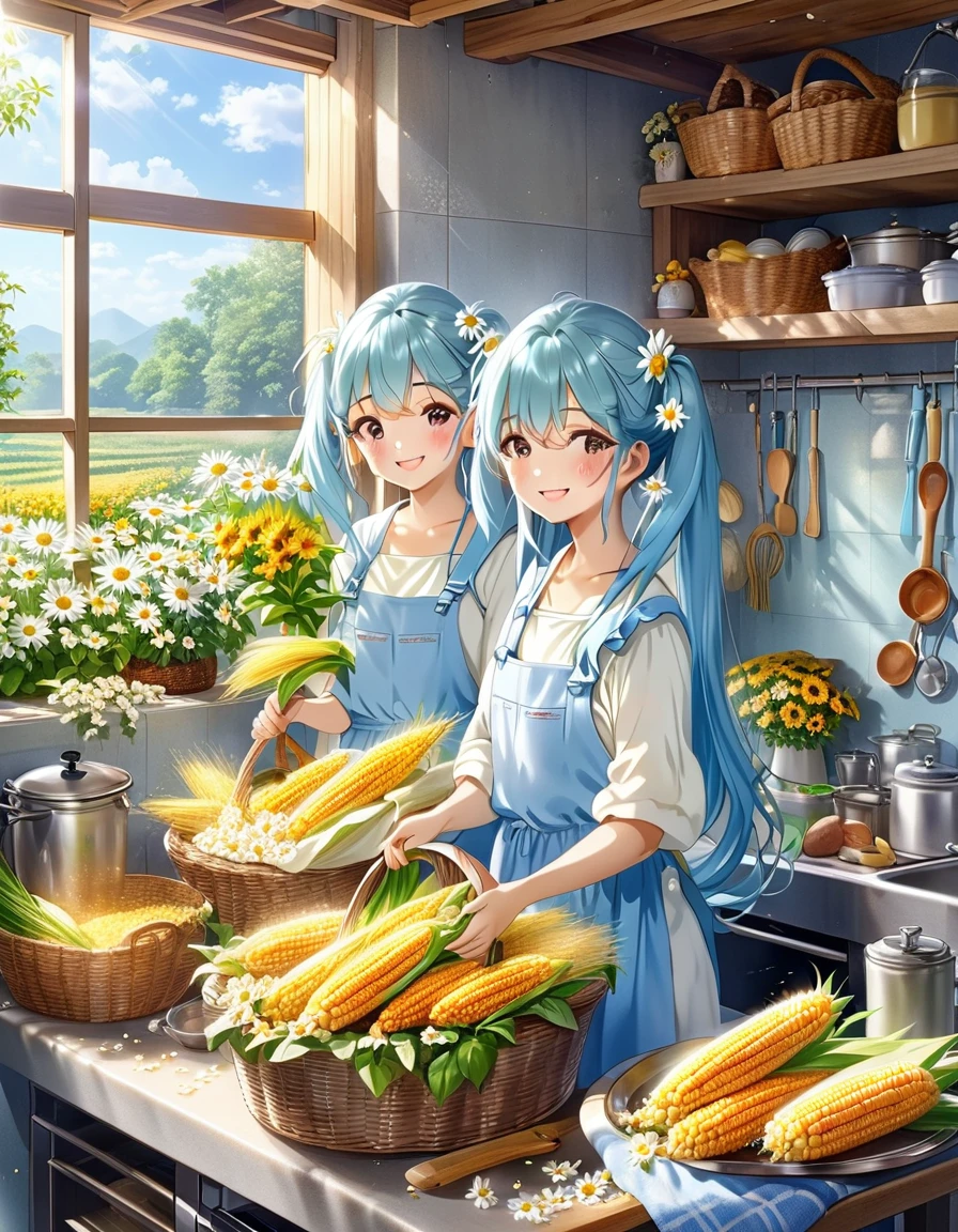 A kitchen decorated with lots of daisies、The corn is piled in a basket、Light blue long hair、beautiful girl with twin tails、Smiling while cooking corn dishes、The girl is holding corn、Kitchen bathed in morning sun