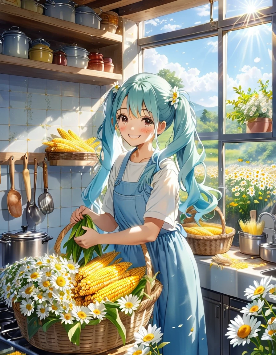 A kitchen decorated with lots of daisies、The corn is piled in a basket、Light blue long hair、beautiful girl with twin tails、Smiling while cooking corn dishes、The girl is holding corn、Kitchen bathed in morning sun