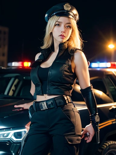 A female police officer, wearing police uniform with emblems, police cap, tactical pants, ammunition belt, police radio, military tactical boots, high-quality 4k, best quality, ultra-detailed, hyperrealistic, photorealistic, extremely detailed face and body, perfect facial features, beautiful eyes, lips, and nose, gorgeous woman, dark blue police canine, tactical vest, large breasts, wide hips, large buttocks, realistic image, urban setting, looking directly at the viewer, holding a revolver, serious expression, blonde hair, full body shot, police car in the background, cinematic lighting, dramatic shadows, vivid colors, professional photography