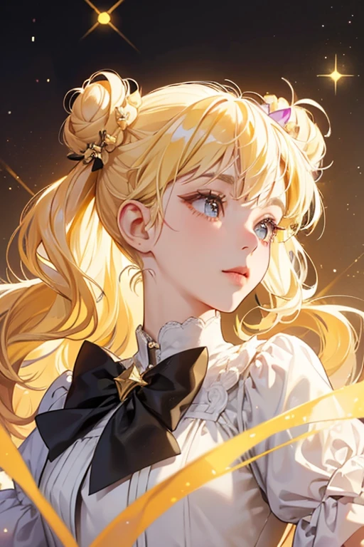 She has light peachy yellow fur, and wears a black bow. She has blonde hair and has two twisted buns. She also has a small tuft of hair that is coming out the front of her bow. She has a white patch of circular fur, which is also on her nose. SPARKLE; GLITTER