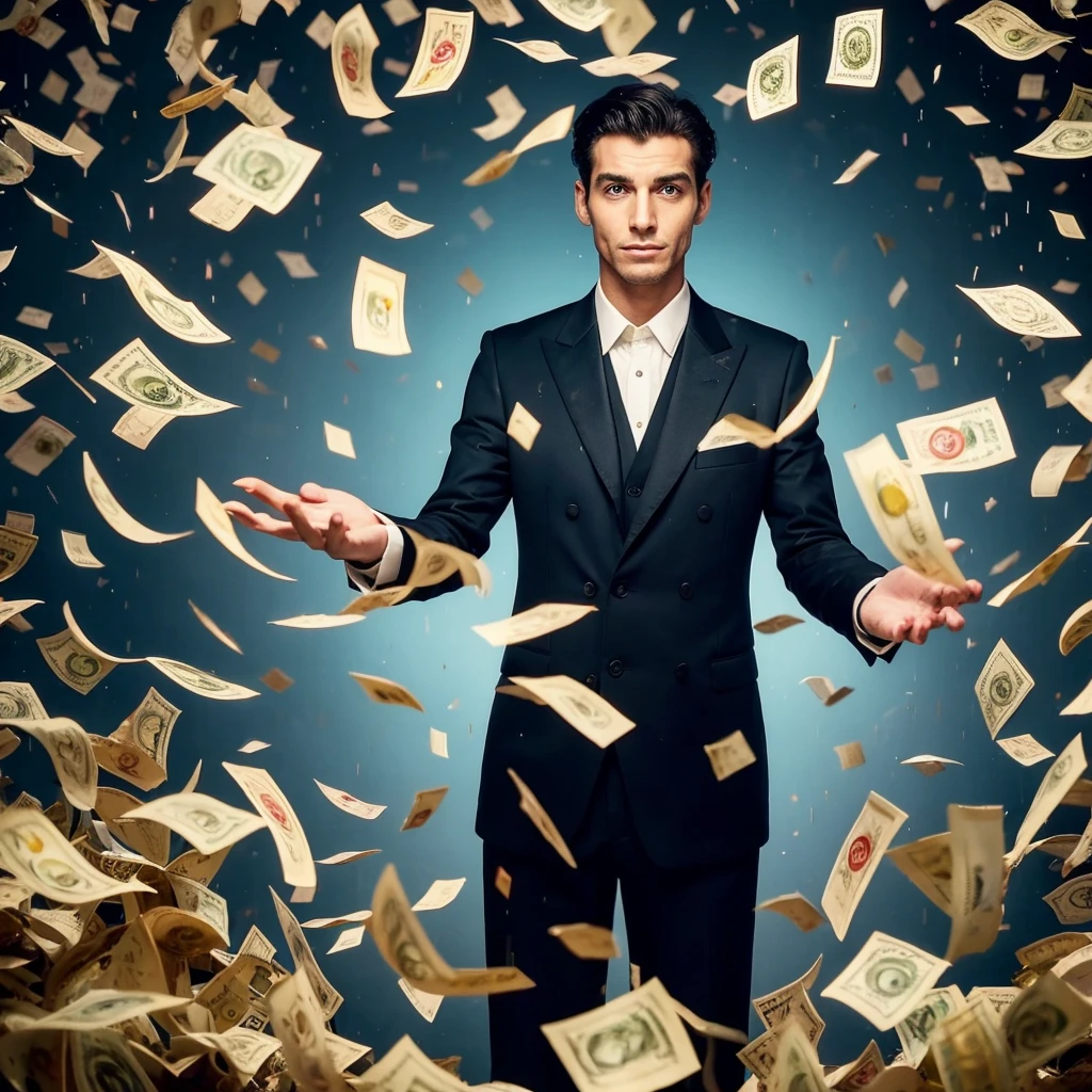 elegant man and millionaire, banknotes falling from the sky