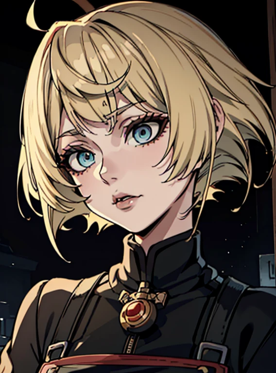 a close up of a woman with a black dress and black lipstick, blonde hime cut hair, with short hair, 1 7 -  - old me goth girl, short pigtails hair, white hime cut hairstyle, sui ishida with blonde hair, with short hair with bangs, short blonde hair with bangs, short blonde hair, japanese gothic, blonde short hai