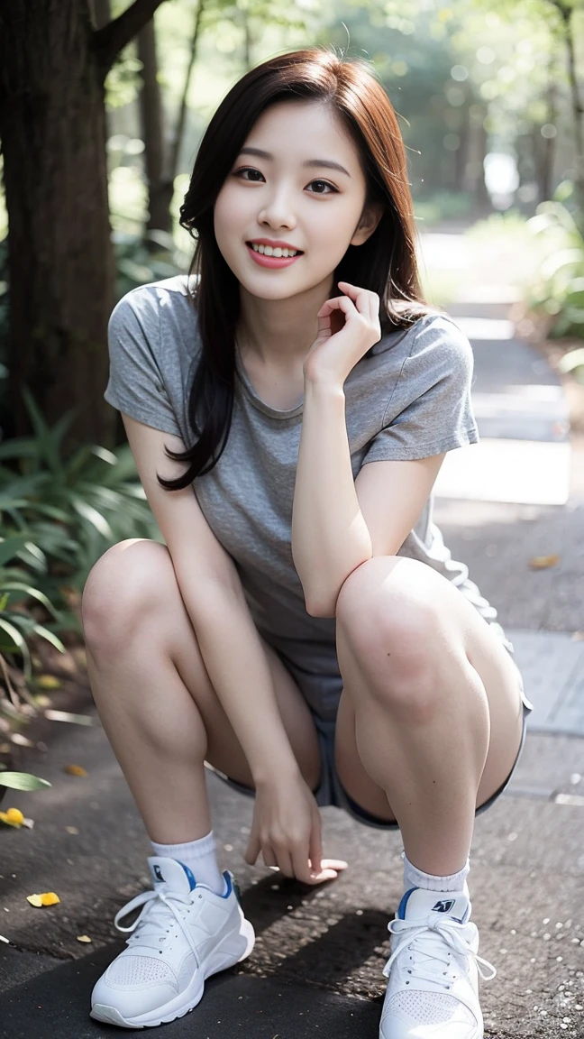 masterpiece, best quality, Surreal, Ultra Detailed, 8k resolution, RAW photos, Clear focus, (A girl in the forest), ((light gray shirt:1.1)), Short sleeve, sports Shorts,Full body posture, Solitary, Perfect body, Become a, 32 inches in the chest,(a charming smile:1), (sexy pose),26 years old, light,White shoes