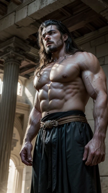 Create a realistic image of Samson, the legendary biblical hero, in an epic and dark moment. He is to be depicted as an extremely muscular man, demonstrating superhuman strength while pushing two massive concrete pillars. The surrounding scenery should be somber, with dark tones and deep shadows, conveying a sense of tension and drama. In the background, suggest the presence of a grand and ancient structure, with architectural details that hark back to the biblical era. Add elements of dust and falling debris, highlighting Samson's immense strength. The lighting should be dramatic, with spotlights highlighting Samson's tense muscles and determined expression, while shadows accentuate the threatening atmosphere. **Specific Details:** - **Samsão:** Extremely muscular, with prominent veins, facial expression of intense effort and determination. - **Concrete Pilasters:** Large and robust, with visible cracks beginning to form due to the force applied by Samsão. - **Setting:** Epic and dark environment, with falling debris, rising dust and biblical architectural details. - **Lighting:** Dramatic, with strong contrasts between light and shadow, focusing on Samson's muscles and expression. - **Atmosphere:** Intense and full of tension, with a feeling of grandeur and imminent danger.