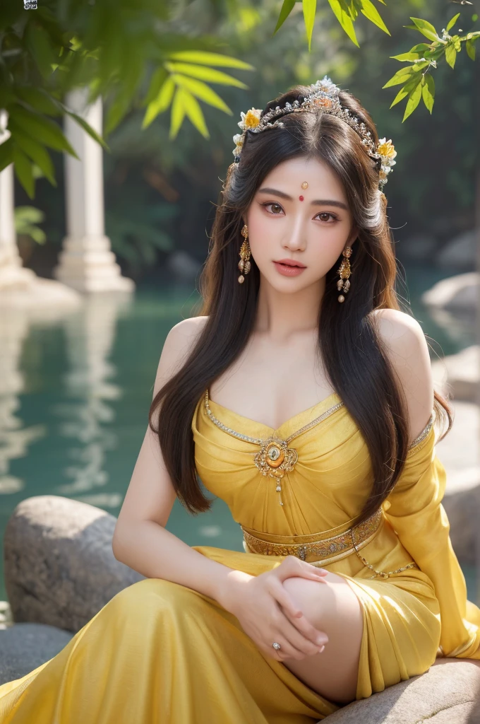 a woman in a yellow dress sitting on a rock with wheels, beautiful detailed eyes, beautiful detailed lips, extremely detailed eyes and face, long eyelashes, beautiful young woman, goddess of love and peace, thai traditional dress, indian goddess of wealth, fantasy art, cgi inspired by lam qua, holy goddess, ancient chinese goddess, niwan chandra, beautiful fantasy empress, stunning portrait of a goddess, ornate jewelry, flowing hair, serene expression, intricate background details, warm color palette, dramatic lighting, photorealistic, (best quality,4k,8k,highres,masterpiece:1.2),ultra-detailed,(realistic,photorealistic,photo-realistic:1.37),HDR,UHD,studio lighting,ultra-fine painting,sharp focus,physically-based rendering,extreme detail description,professional,vivid colors,bokeh