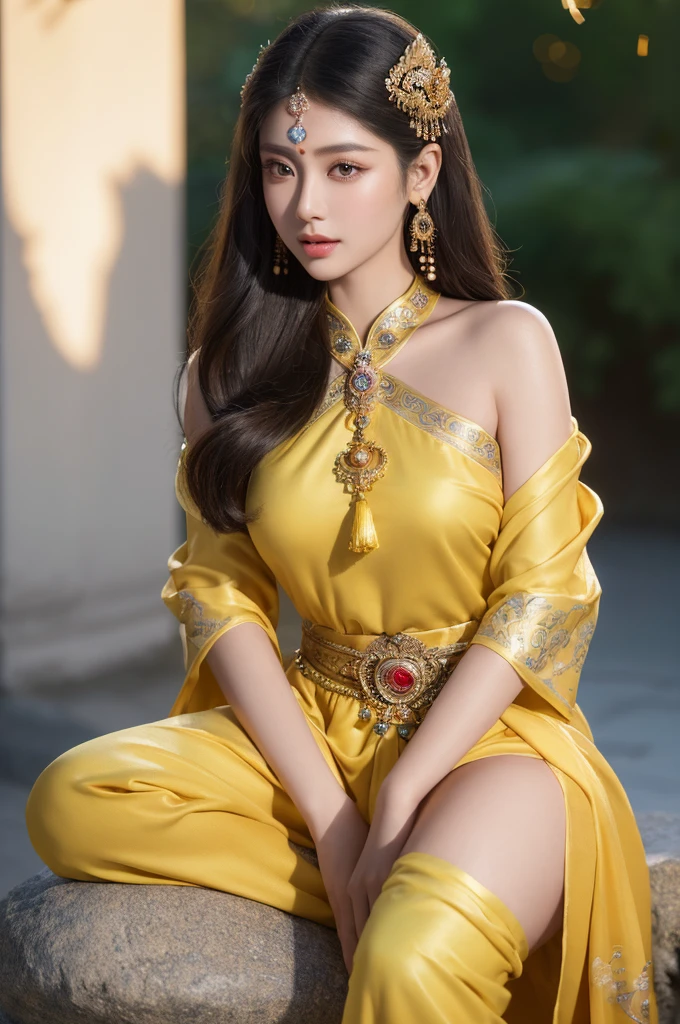 a woman in a yellow dress sitting on a rock with wheels, beautiful detailed eyes, beautiful detailed lips, extremely detailed eyes and face, long eyelashes, beautiful young woman, goddess of love and peace, thai traditional dress, indian goddess of wealth, fantasy art, cgi inspired by lam qua, holy goddess, ancient chinese goddess, niwan chandra, beautiful fantasy empress, stunning portrait of a goddess, ornate jewelry, flowing hair, serene expression, intricate background details, warm color palette, dramatic lighting, photorealistic, (best quality,4k,8k,highres,masterpiece:1.2),ultra-detailed,(realistic,photorealistic,photo-realistic:1.37),HDR,UHD,studio lighting,ultra-fine painting,sharp focus,physically-based rendering,extreme detail description,professional,vivid colors,bokeh