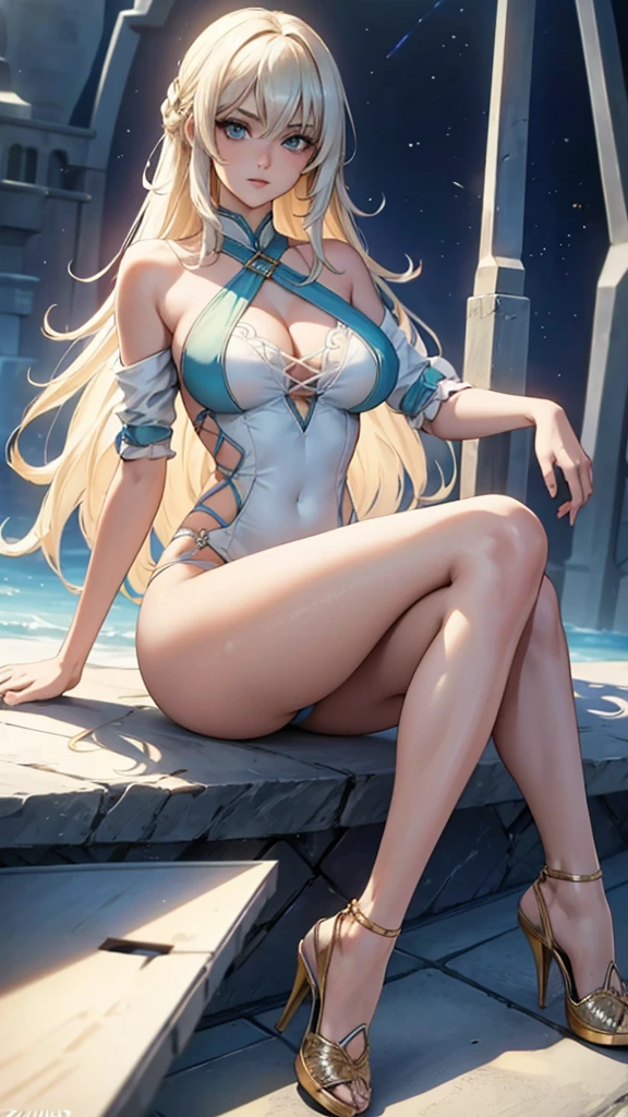 A beauty woman in a fantastic space., White and gold tight micro dress., 98k, {{Masterpiece}}, Best Quality, high quality:1.4), {{[[front look}}, Look like_contact, Various poses)]], very pretty face, and very pretty Look likes, pretty pictures, beautiful images, {{whole whole body}}, {{{{{{{{long legs}}}}}}}}, {{{{slim and sexy body}}}}, {{{{{{tall woman}}}}}}, {{177 cm tall}}, Alone, beautiful, beautiful, adorable, pale skin, {{German girl from 18 to 22 years old.}}, look beautiful German girl and blue Look likes or green Look likes ), Nordic German girl, {{{{{{{{{{whole body}}}}}}}}}}, {{{{{{{{{{high_heels}}}}}}}}}},