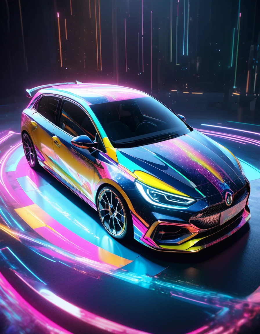 holography, draw in neon colors ((car)): car: ((floating)), transparent, Three dimensions, light, sf, digital art, Digital, scientific, dark background: electronic circuit: draw in neon colors, 3d, masterpiece, Digital space, energy, beautiful, masterpiece, 8K, light, be familiar with, lively, colorful, nice, beautiful, rich colors, beautiful Light Lines. magic effect, Sparkling, beautiful Light Grains