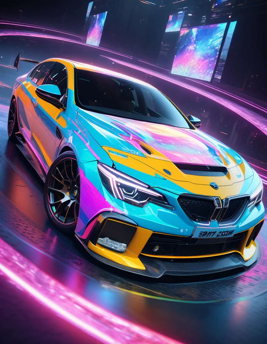 holography, draw in neon colors ((car)): car: ((floating)), transparent, Three dimensions, light, sf, digital art, Digital, scientific, dark background: electronic circuit: draw in neon colors, 3d, masterpiece, Digital space, energy, beautiful, masterpiece, 8K, light, be familiar with, lively, colorful, nice, beautiful, rich colors, beautiful Light Lines. magic effect, Sparkling, beautiful Light Grains