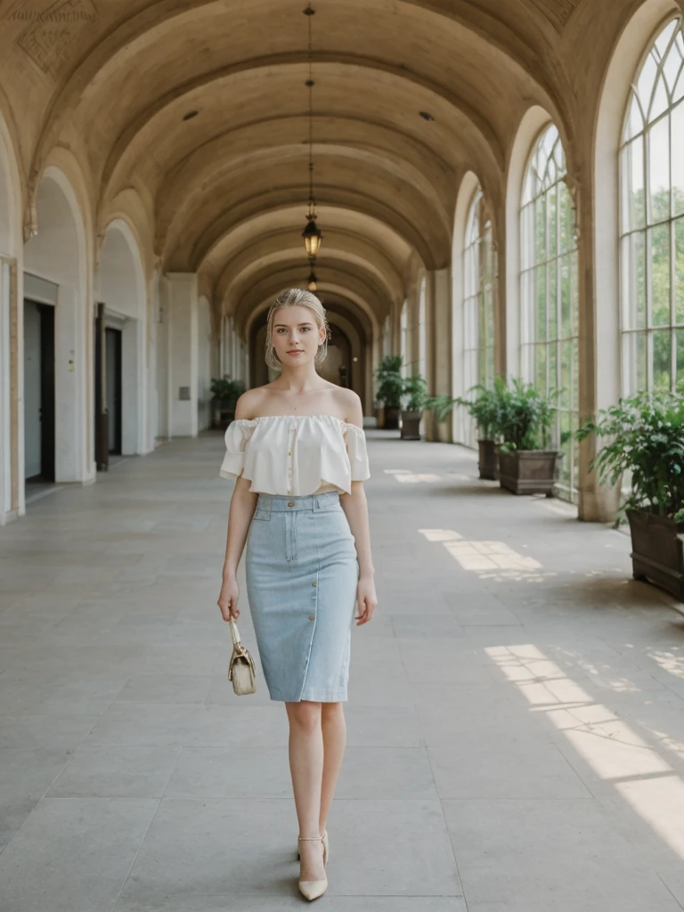 her name is Elle, high quality, 1girl, ((20-year-old fit Caucasian woman)), ((20 years old)), ((fit)), ((pale skin)), Sleek Ponytail blonde colored hair , wearing Off-Shoulder Satin Blouse+ High-Waisted Pencil Skirt, pose: standing, background:  The former railway station that is now the Musée d'Orsay houses stunning works of Impressionist art. You stand before Monet’s "Water Lilies," captivated by the play of light and color. The open space, filled with the sound of soft footsteps and whispers, along with the scent of polished wood and faint traces of paint, creates a serene and inspiring environment.