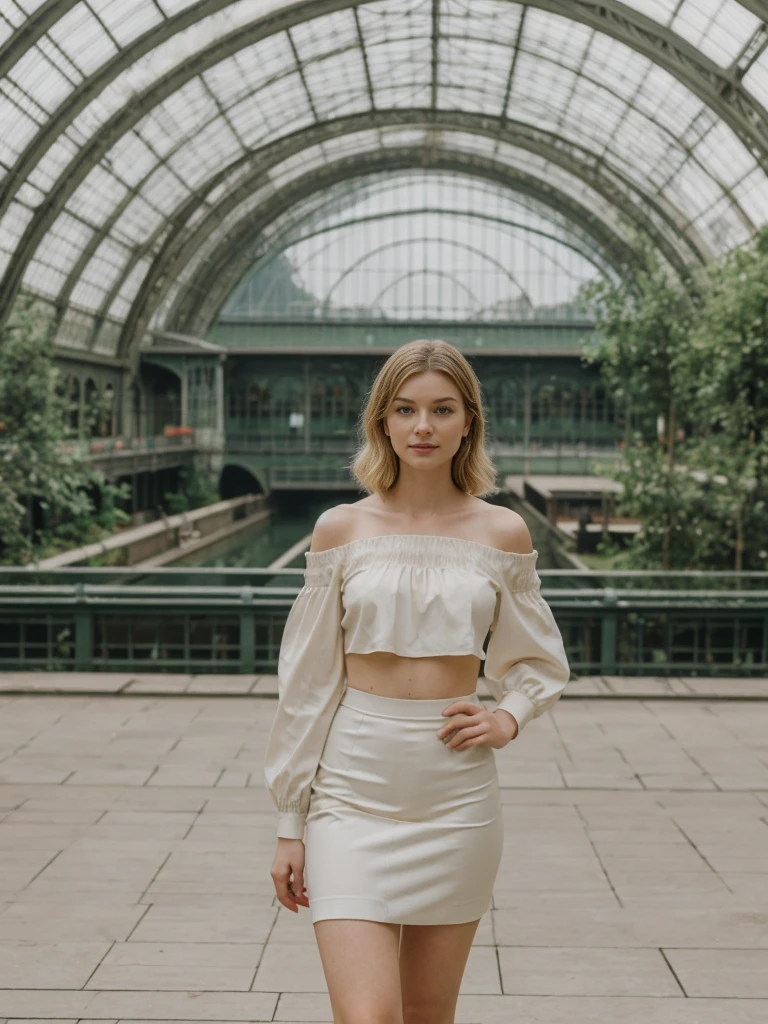 her name is Elle, high quality, 1girl, ((20-year-old fit Caucasian woman)), ((20 years old)), ((fit)), ((pale skin)), Sleek Ponytail blonde colored hair , wearing Off-Shoulder Satin Blouse+ High-Waisted Pencil Skirt, pose: standing, background:  The former railway station that is now the Musée d'Orsay houses stunning works of Impressionist art. You stand before Monet’s "Water Lilies," captivated by the play of light and color. The open space, filled with the sound of soft footsteps and whispers, along with the scent of polished wood and faint traces of paint, creates a serene and inspiring environment.