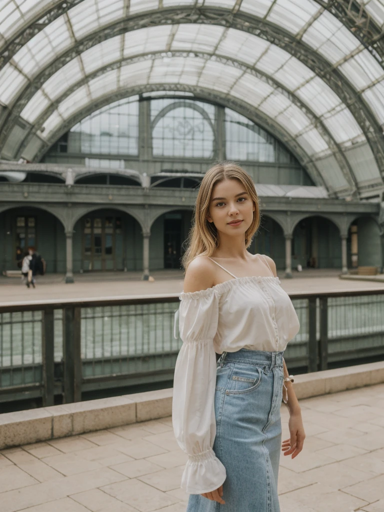 her name is Elle, high quality, 1girl, ((20-year-old fit Caucasian woman)), ((20 years old)), ((fit)), ((pale skin)), Sleek Ponytail blonde colored hair , wearing Off-Shoulder Satin Blouse+ High-Waisted Pencil Skirt, pose: standing, background: The former railway station that is now the Musée d'Orsay houses stunning works of Impressionist art. You stand before Monet’s "Water Lilies," captivated by the play of light and color. The open space, filled with the sound of soft footsteps and whispers, along with the scent of polished wood and faint traces of paint, creates a serene and inspiring environment.