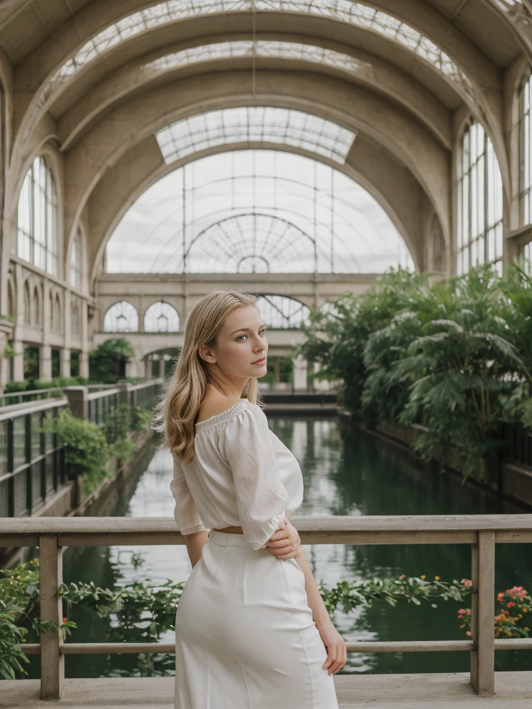 her name is Elle, high quality, 1girl, ((20-year-old fit Caucasian woman)), ((20 years old)), ((fit)), ((pale skin)), Sleek Ponytail blonde colored hair , wearing Off-Shoulder Satin Blouse+ High-Waisted Pencil Skirt, pose: standing, background:  The former railway station that is now the Musée d'Orsay houses stunning works of Impressionist art. You stand before Monet’s "Water Lilies," captivated by the play of light and color. The open space, filled with the sound of soft footsteps and whispers, along with the scent of polished wood and faint traces of paint, creates a serene and inspiring environment.