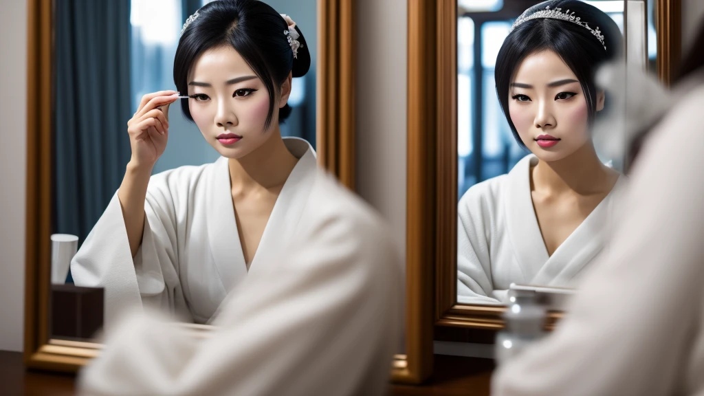8k resolution, high image quality, real, maiko, woman, young, waiting room, facing the mirror, applying white powder on the face,