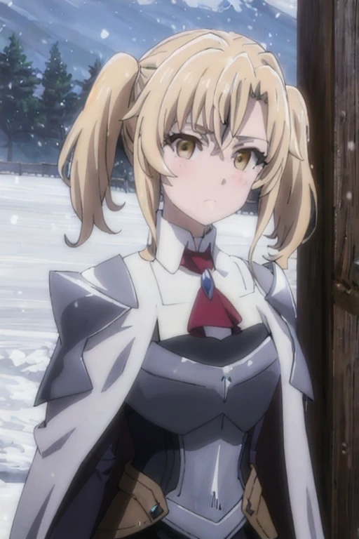 GoblinSlayer, NobleFencer, solo, girl1, looking at viewer, long sleeves, brown eyes, cape, armor, shoulder armor, portrait, red ascot, snow, outdoor