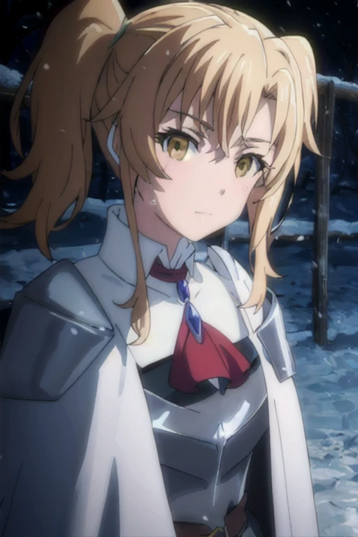 GoblinSlayer, NobleFencer, solo, girl1, looking at viewer, long sleeves, brown eyes, cape, armor, shoulder armor, portrait, red ascot, snow, outdoor
