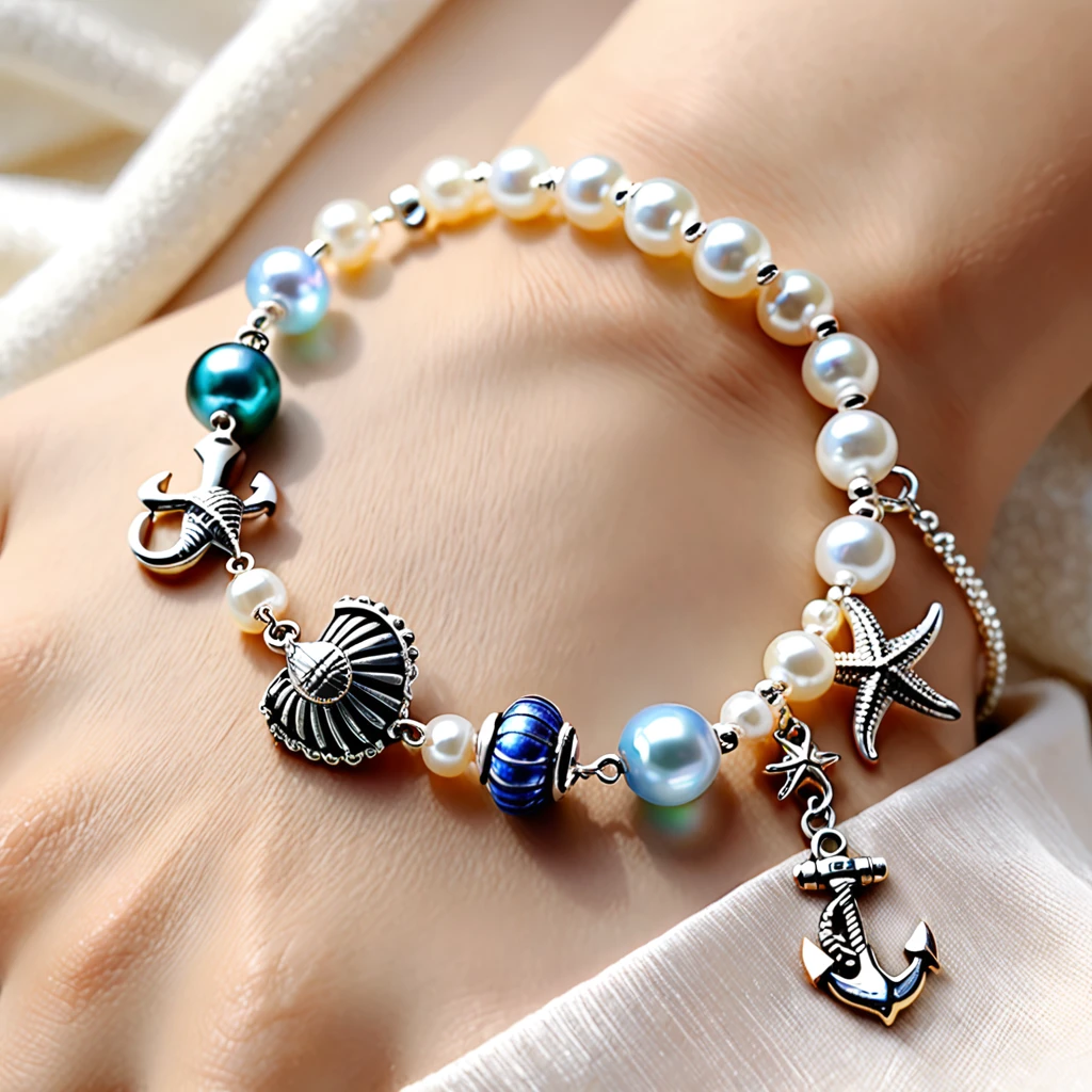 A shiny silver bracelet, on the wrist, (marine-themed charms:1.5), pearls, transparent colorful beads, delicate thin chain, (best quality, 4k, 8k, highres, masterpiece:1.2), ultra-detailed, (realistic, photorealistic, photo-realistic:1.37), intricate jewelry design, exquisite craftsmanship, shimmering metallic, ocean-inspired, iridescent pearls, vibrant hues, delicate filigree, elegant accessory, feminine aesthetics, close-up, detailed texture, soft focus, warm lighting