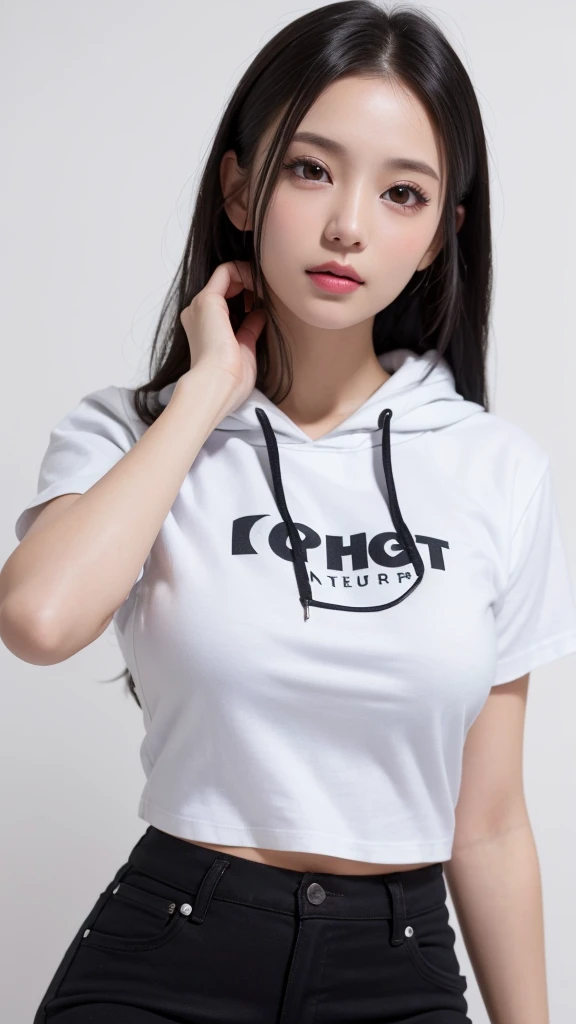 (((forehead、Northern Europe、White people、beautiful girl、Black Hair、White background、T-Shirts、hoodie、skinny pants、long hair)))、table top, highest quality, figure, super detailed, finely, High resolution, 8k wallpaper, Perfect dynamic composition, detailed and beautiful eyes, Deco out,bionde, super big breasts, Natural color lip,white background, random cute poses,