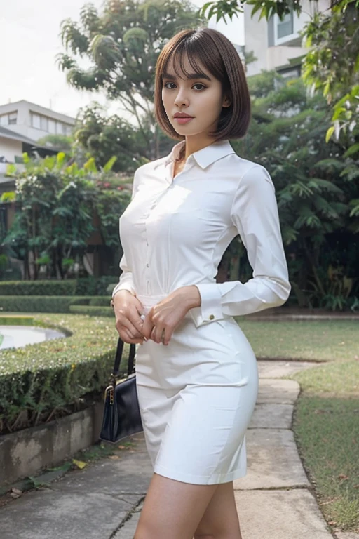 A young sweet beatiful bogor city girl, 21 years old, her name is Dewi, very slim body, slim thighs, slim buttocks, small size beautiful sexy breasts, georgeous sweet tirus oval face, descent mixed from sundanese and arabic javanese, big turkish hawk nose, big beatiful round eyes, bold uper eyelid, long and bold eyelashes, thin sensual uper lip, her face identical same as indonesian 70's movie star named ida royani, black redish straight thin short hairs with a bangs, smart ex high college girl, standing confidence spreading wide both legs on back yard in the morning, wearing white long sleeve all buttoned thin
dress, wearing white thin trousers, wearing rubber sandals, carry expencive woman bag, very detail, very natural, very super realistic, sweet smiling to us, front view, normal hands and legs shape,
