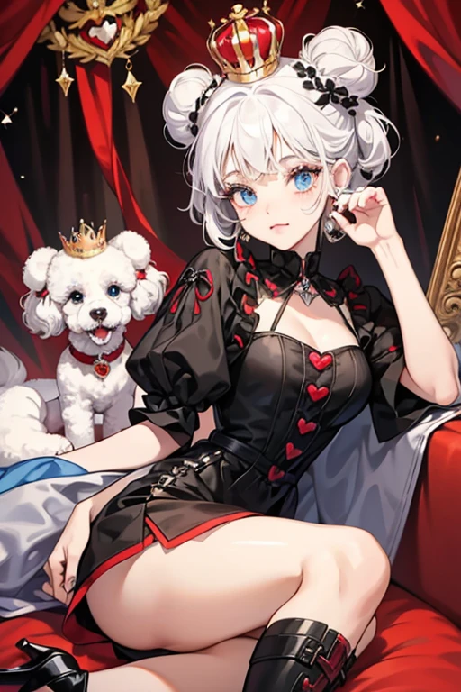 Heart Barker is a white girl dog poodle with black and white hair in buns just like the big and lil sister owners of her. She has a red royal crown on her head with yellow details. She has blue eyes, a black heart on her face, and a red heart on her leg paws. SPARKLE; GLITTER