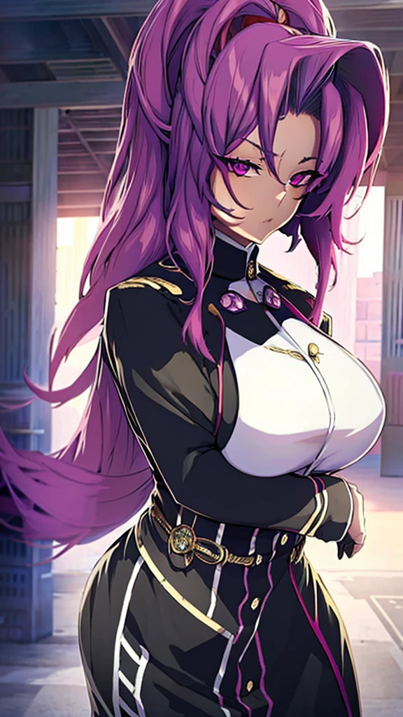 Anime, 1 girl, huge hairstyle, Keppel colored hair, magenta eyes, serious face, busty, big And round buson, gorgeous plump body, Black military's uniform, Holding a weapon, Very large hair, pointing finger to the viewer