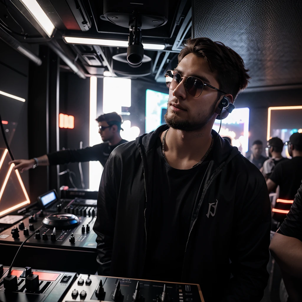 young man, 25 year old DJ, short beard, using large headphones, big dark glasses, putting sound at a rave, ultrarealistic