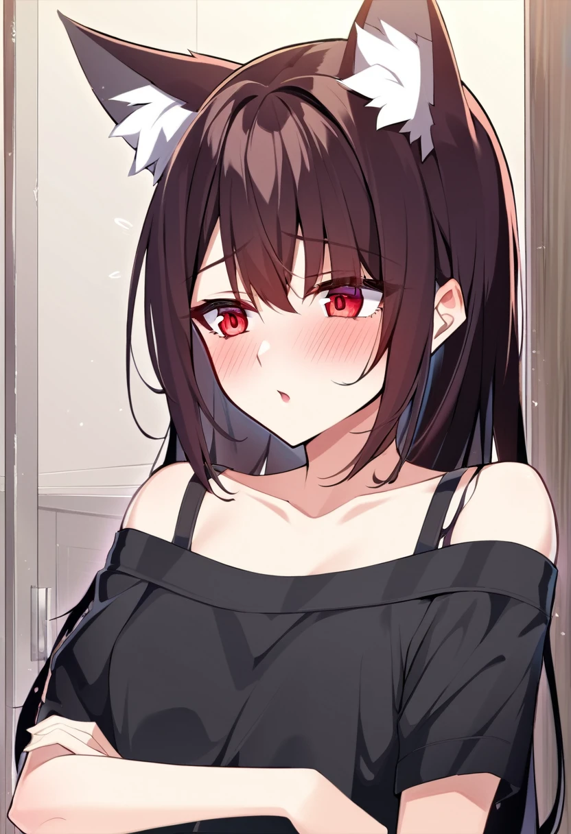 one girl, wolf ears, shy, naive, cute, girl is falling in loye with me, stare at me, beautiful red eyes, energetic girl, my student, cool, girl want me to kiss her, off shoulder