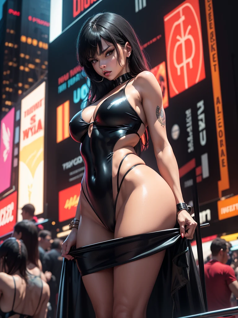 In New York, time Square, Vampirella is a vampire superhero In New York, time Square, Vampirella is a vampire superhero,, in a swimsuit, black swimsuit e capa, capa preta e black swimsuit, high pose, black swimsuit, black swimsuit, small thin swimsuit, facing the front, encarando facing the front, just in a latex bikini