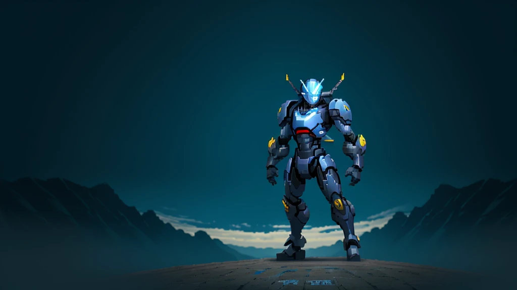 humanoid dark blue mecha robot character with giant limbs using a cloak and floating like ironman, from sidescroller game