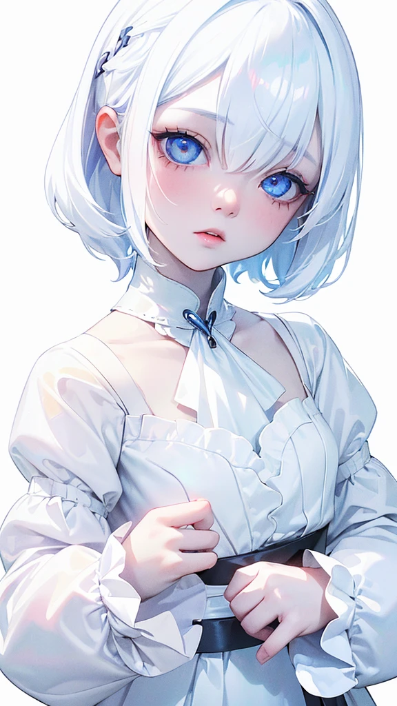 (((White Background:1.3)))、(((1 albino girl、Cute face、pretty girl))), ,(((The eyes are white:1.3)))、White Dress、((White shirt:1.3、White Block Dress)), Tyndall effect, Realistic, Shadow Studio,ultramarine、illumination, デュアルトーンillumination, (Skin with attention to detail: 1.2)、薄暗いillumination、暗いillumination、 photograph, High resolution, 4K, 8K, Background Blur,Beautiful fade out、White world、White Background