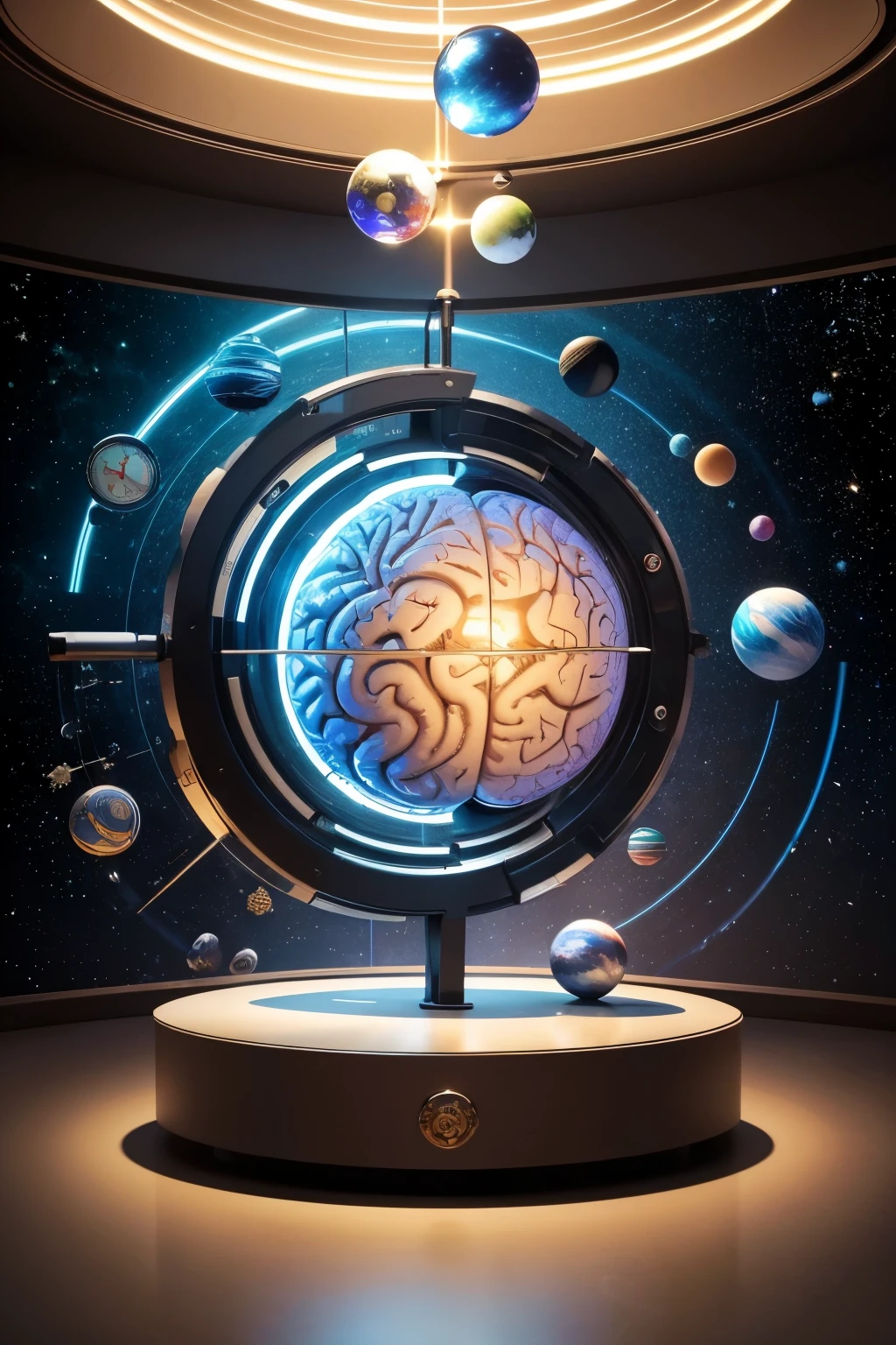 ((best qualityer)), ((work of art)), (detailded), in the center a realistic brain holding gym weights, on your planets side, A fish, Numbers and Letters, technology related things, console and question marks. THE FOCUS IS ON THE BRAIN