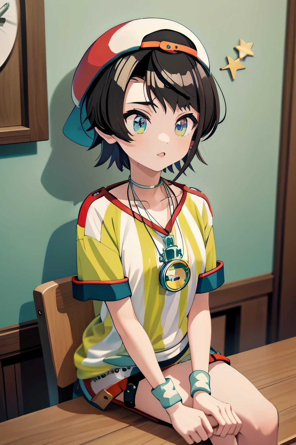 (masterpiece, Highest quality), One girl,   Asbar, short hair, cap, Sideways hat, chest, clavicle, clock, Whistle around the neck, vertical-striped shirt, tie shirt, Short sleeve, Wristband, White shorts,sit