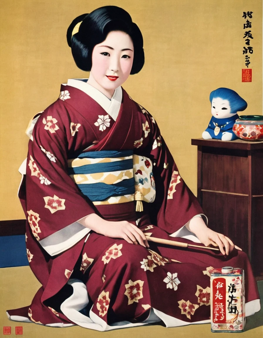 Highest quality、masterpiece、Japanese posters from the 1930s、Realistic、Retro Image、A young Japanese woman、Kimono with geometric pattern、Fur collar、winered hakama skirt、Wavy bob hair、Black Hair、Sitting on the floor of the room、Holding a bisque doll with great care、Close-up