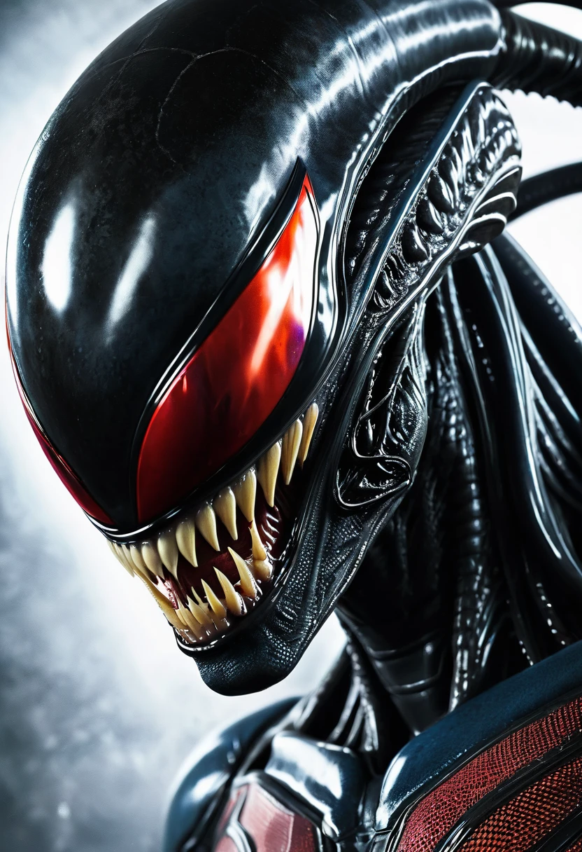(((Extreme close-up Xenomorph Alien the eighth passenger fused with the Symbiote Venom Spiderman (((Front Images))),(((Splash color images)))