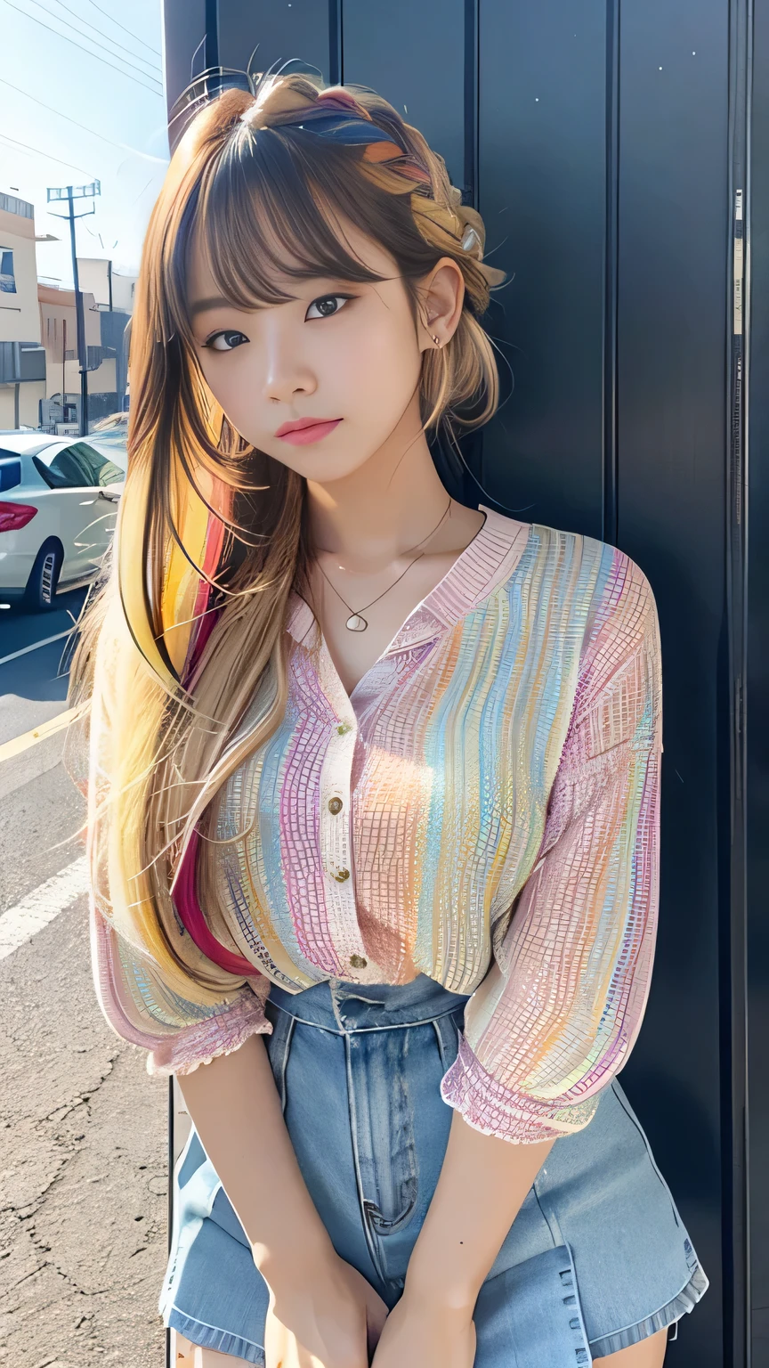 Multicolored hair color、Bangs on the face、Bangs between the eyes、A strong wind blows my hair in front of my face、Beautiful big sparkling eyes, Cute eyes hidden by long bangs、Yawn、No visible nasolabial folds、Short micro mini skirt、Multicolored patterned blouse、Age 25、Blonde French braid hair